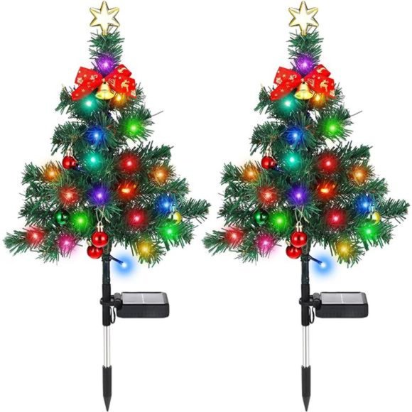 2 Pcs Solar Christmas Tree Garden Stake Lights Christmas Tree Lighted Multicolor